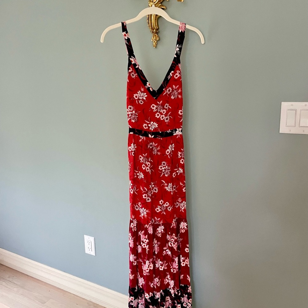 LOFT Red Floral Dress with Black Accents